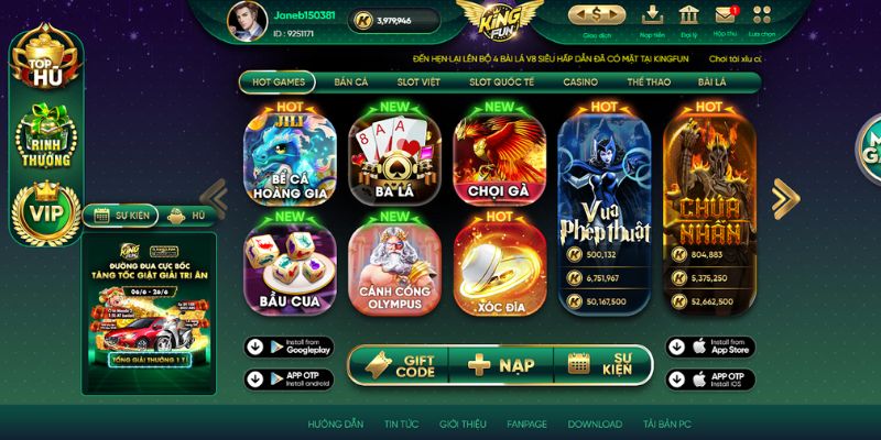 Giao diện cổng game KingFun